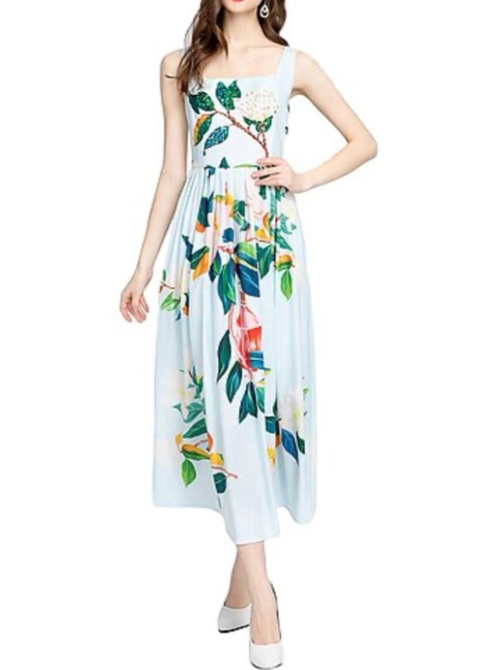 BURRYCO Light Blue Floral Print Embellished Midi Dress with Square Neck